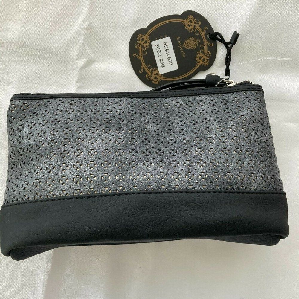 NWT Emperia Gray Faux Suede Clutch Makeup Bag | Silver Black Zip Pouch Organizer